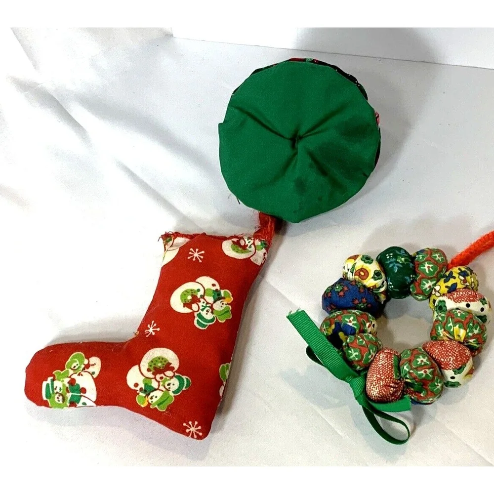 Quilted Fabric Christmas Ornaments Hand Made Stocking Tree Wreath Set of 3 VINTG